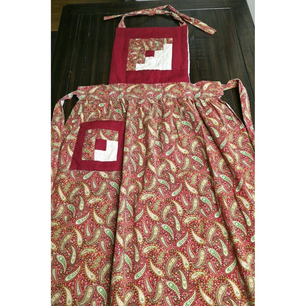 Vintage Handmade Log Cabin Quilt Patchwork Red Green Paisley Print Bib Apron